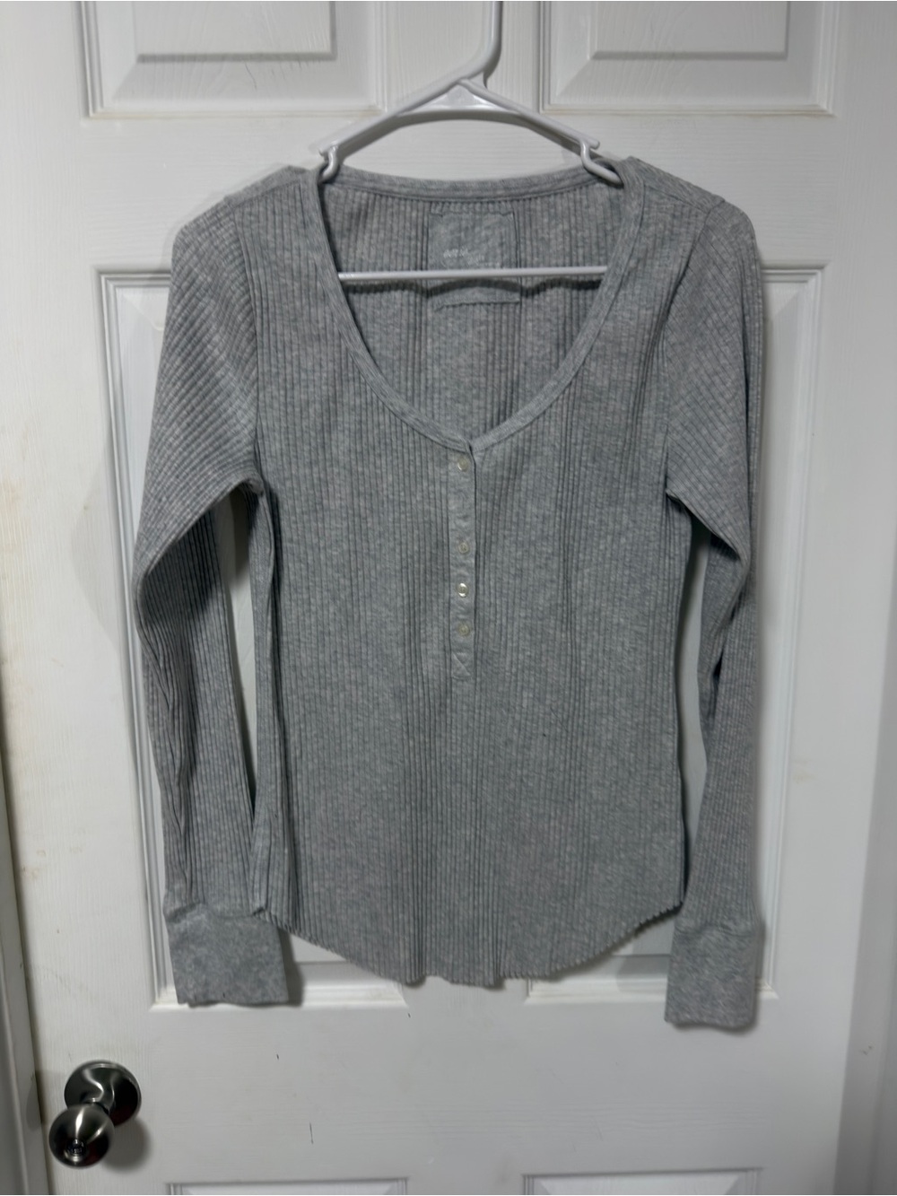 aerie Light Gray Ribbed Henley Long-Sleeve Top